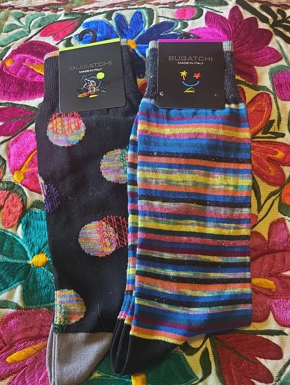 Bugatchi Black Polka Dot & Multicolor Striped Dress Socks - Two-Pairs